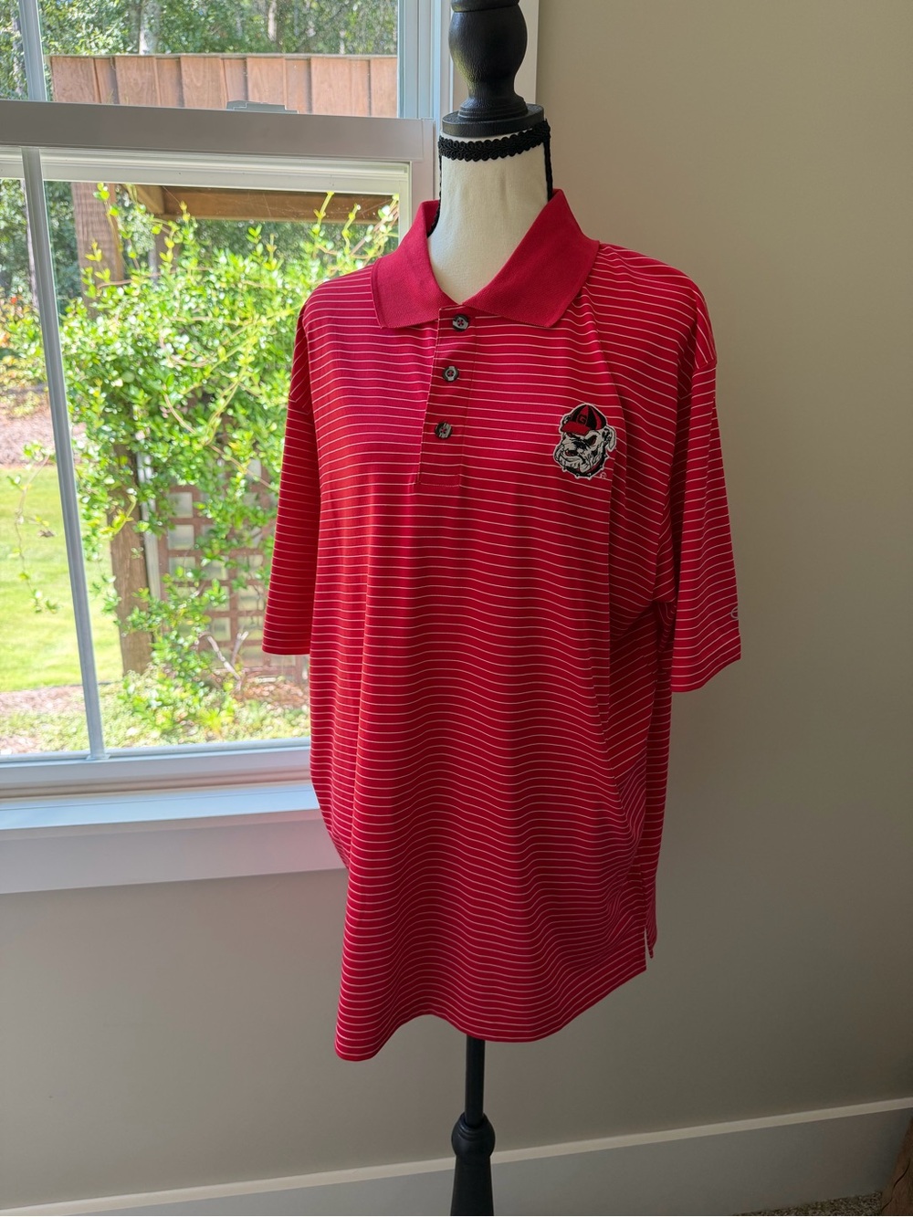 UGA University of Geo Champion Men's Red Striped Polo with Embroidered Bulldog